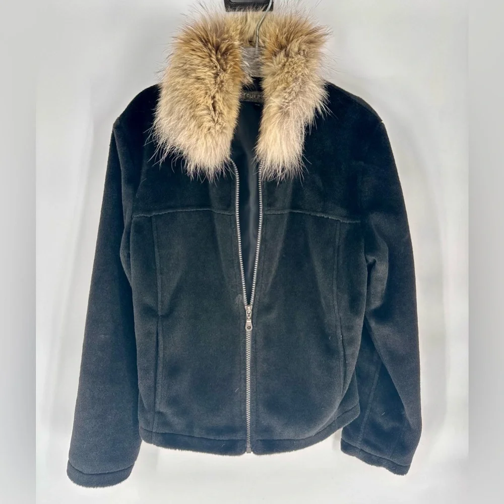 Women's Black Jacket with Fur Collar Tsunami Wool Blend Size M - Picture 1 of 5